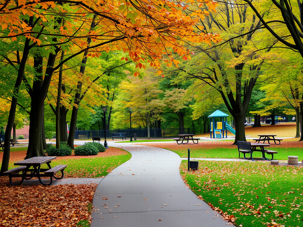 Ashburn, Virginia'da büyüleyici sonbahar renkleriyle donanmış bir park manzarası. Yürüyüş yolu, banklar ve çocuk oyun alanının bulunduğu doğal bir ortam.
