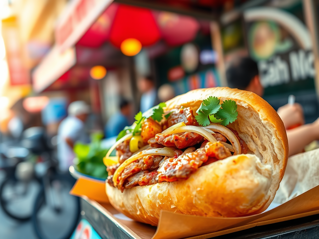 A close-up of a Vietnamese Banh Mi sandwich, featuring marinated meat, fresh herbs, and vegetables, served in a crispy baguette. The background shows a bustling street food scene.
