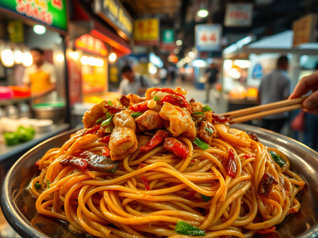 A close-up of a plate of stir-fried noodles topped with chicken and colorful vegetables, with a hand holding chopsticks in a busy street food market.