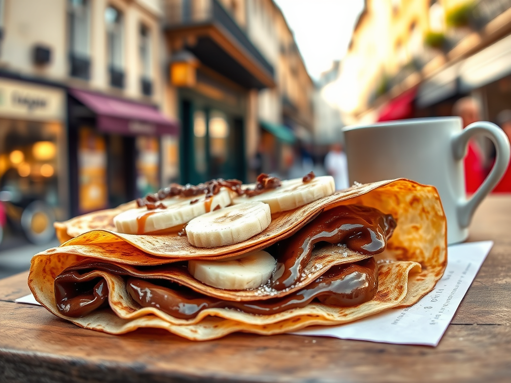 A close-up of a delicious crepe filled with Nutella and banana, served on a wooden table in a vibrant Parisian street with a coffee cup in the background.