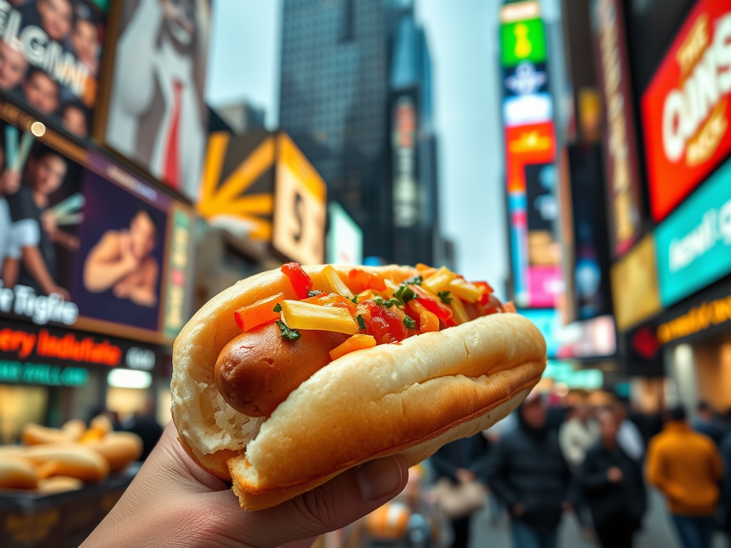 A hand holding a hot dog topped with condiments, set against the busy backdrop of Times Square, featuring bright advertisements and a bustling crowd.