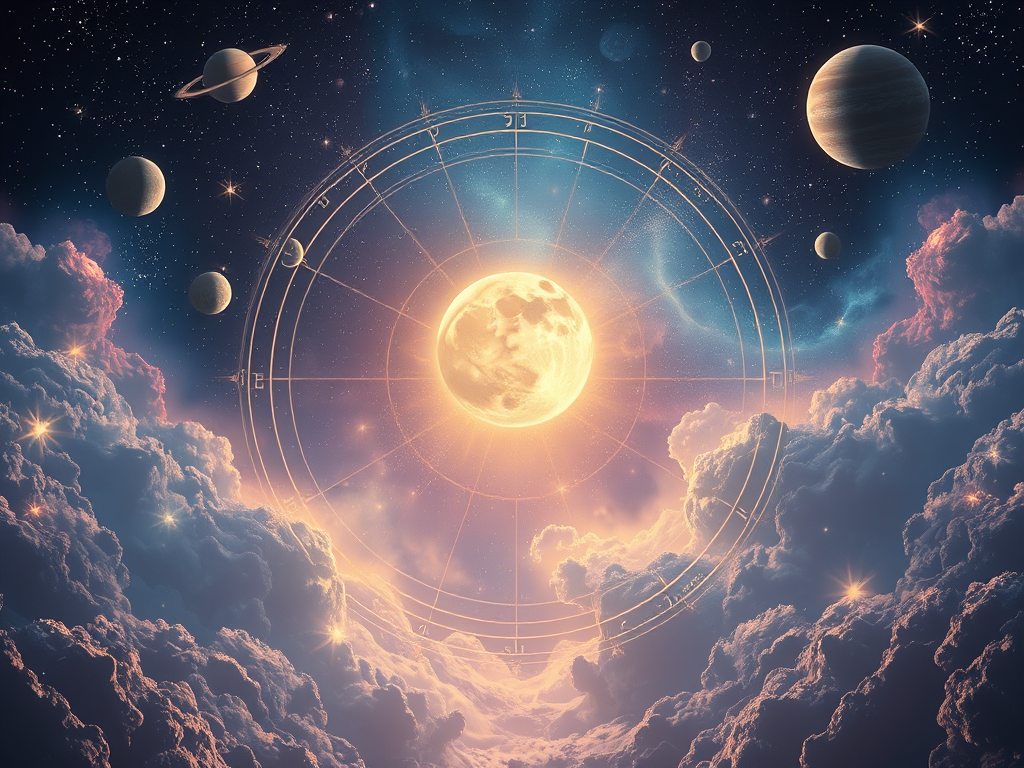 Astroloji temalı görsel, gezegenlerin ve ayın yer aldığı mistik bir uzay manzarası.