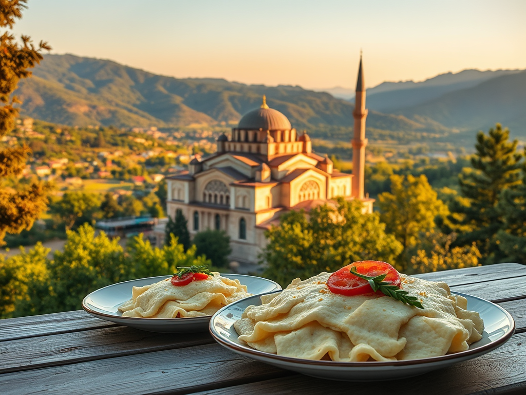 Güneydoğu Anadolu manzarasını arka planda sunan iki tabakta servise hazırlanmış perde pilavı. Ön planda taze domates dilimleri ve yeşil otlar ile süslenmiş yemekte, arka planda tarihi bir cami ve doğanın yeşil tonları görünmektedir.