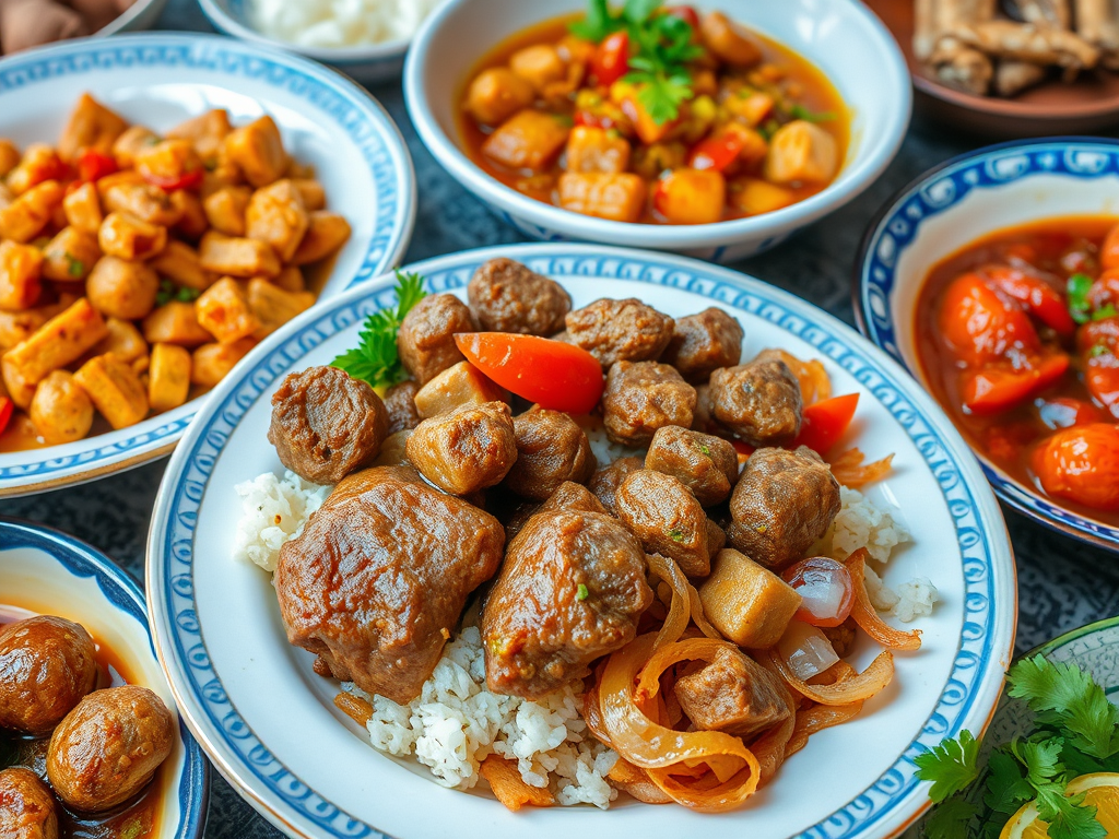 Çeşitli geleneksel yemeklerin sunulduğu bir sofra, ortada pilav ve et yemekleri ile bezenmiş.