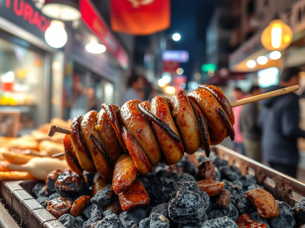 A close-up of grilled street food skewers, showcasing savory pieces laid on charcoal, with vibrant street vendor stalls blurred in the background.