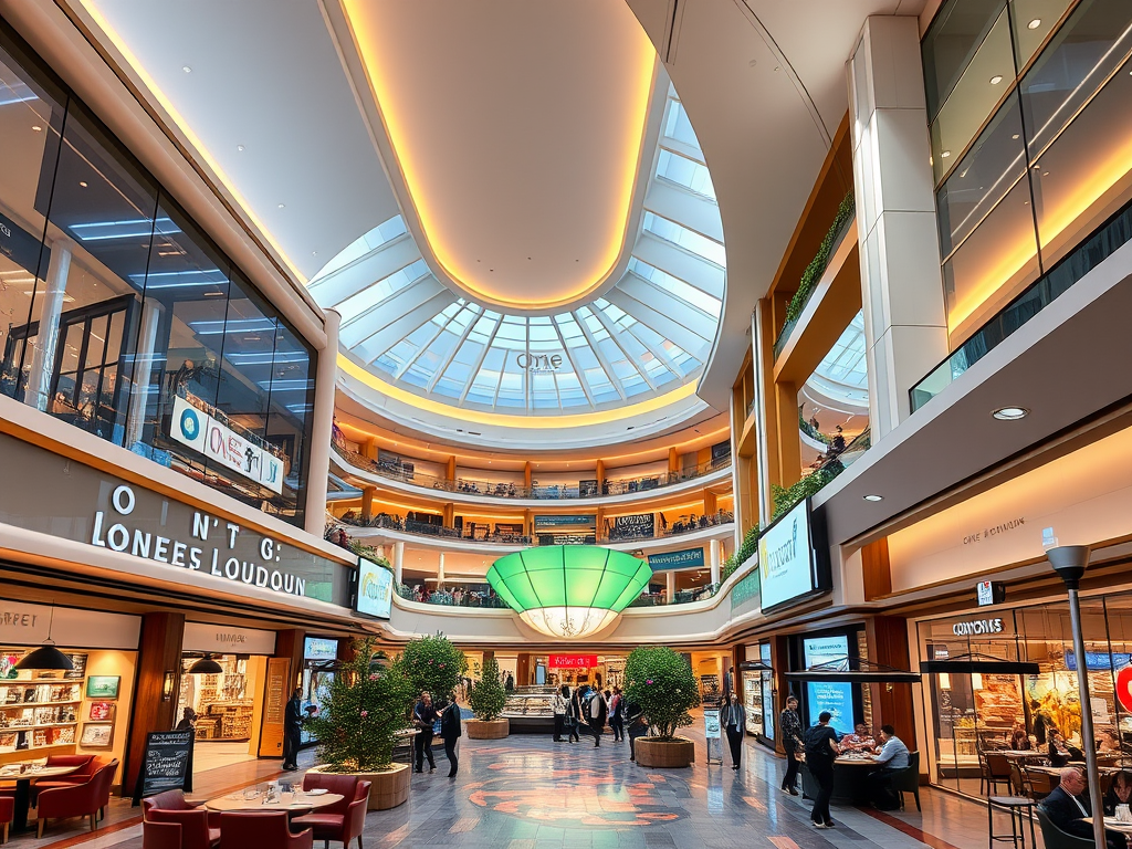 One Loudoun alışveriş merkezinin iç mekanı, üst kısımda büyük bir cam çatı ile aydınlatılmış, çeşitli mağazalar ve oturma alanlarıyla dolu.