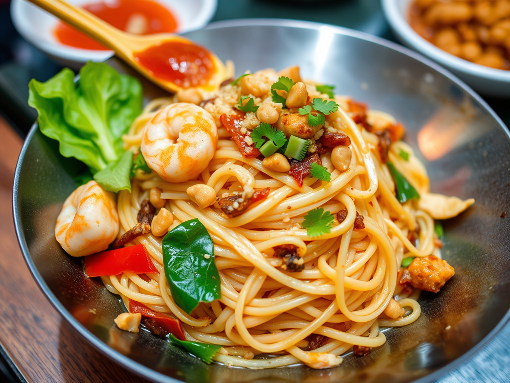 A close-up of a bowl of Pad Thai featuring stir-fried rice noodles, shrimp, peanuts, and green vegetables.