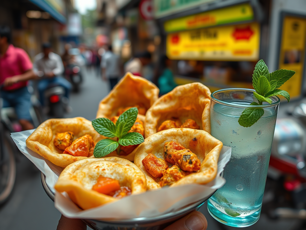 A hand holding a bowl of Pani Puri, featuring crisp dough balls filled with spiced potatoes, garnished with fresh mint leaves, accompanied by a glass of mint water, set against a bustling street scene.
