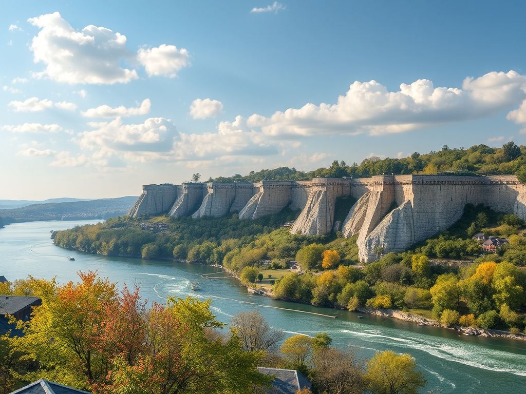 Güzellikleriyle dolu bir nehri ve çevresini gösteren manzara; su kenarında ağaçlar ve nehir boyunca uzanan kayalık oluşumlar.