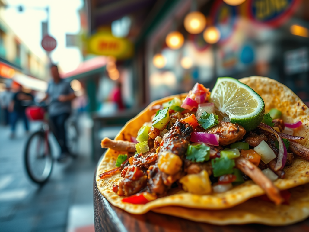 A delicious taco filled with grilled meat, colorful vegetables, and a lime wedge, set against a vibrant street market backdrop.