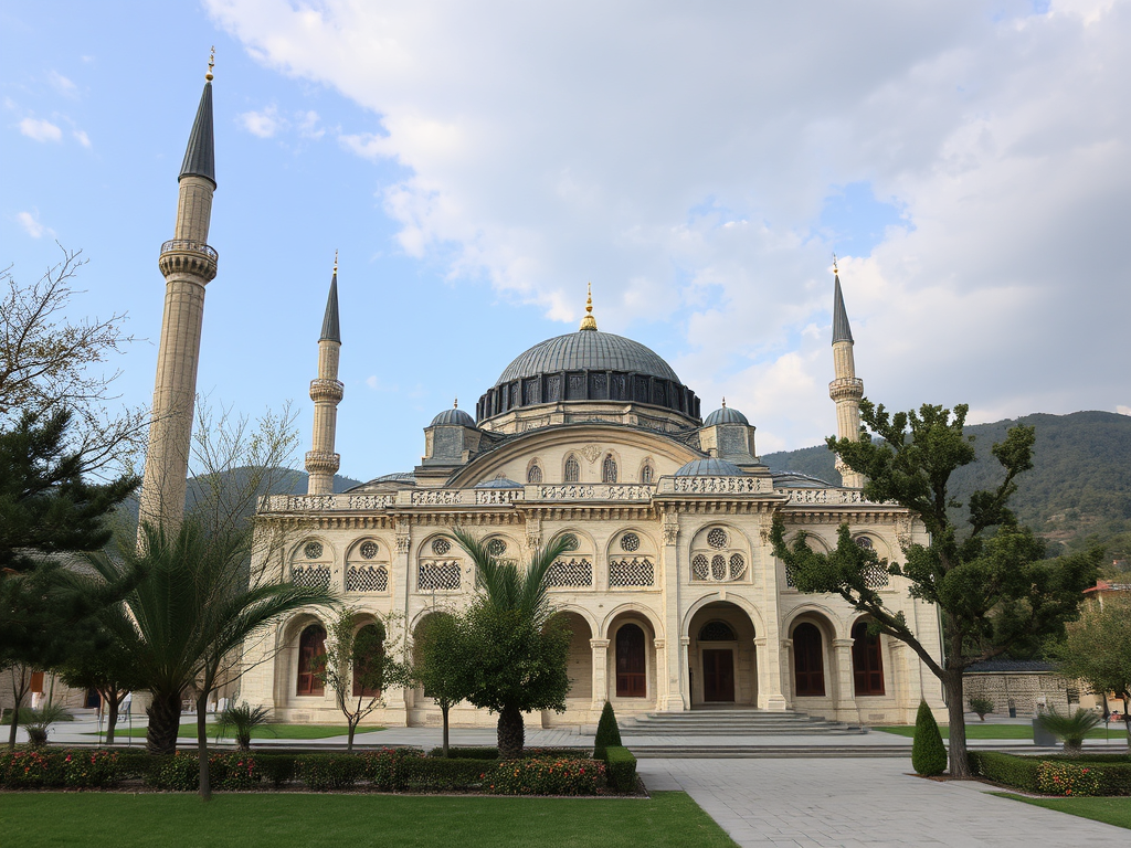 Kahramanmaraş'ta bulunan büyük bir caminin dış görünümü, önünde yeşil alanlar ve ağaçlarla çevrili.