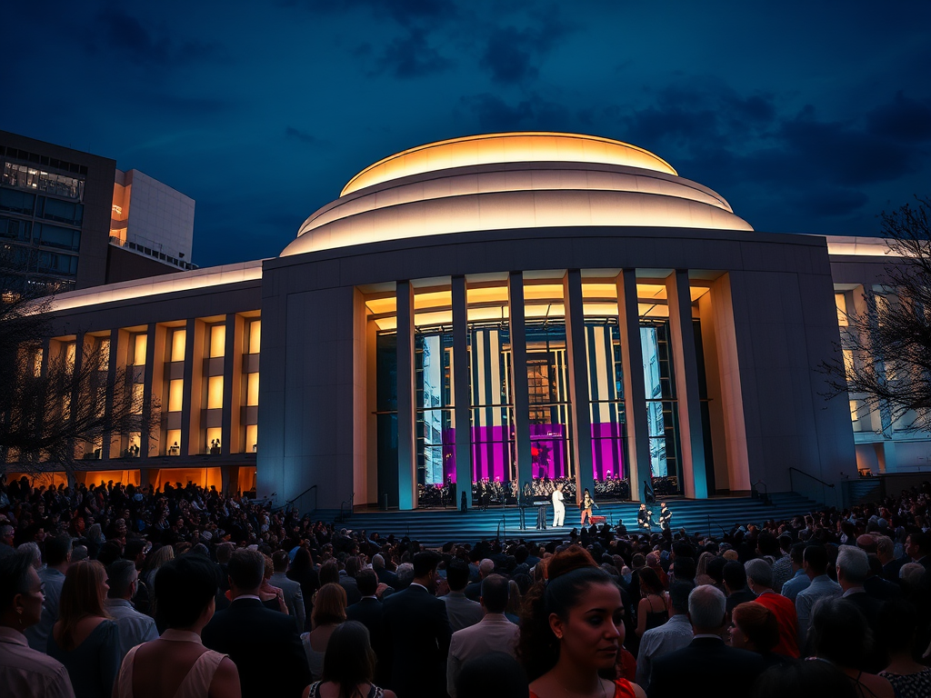 Washington, D.C.'de bir performans sergileyen sanatçılar önünde kalabalık bir izleyici kitlesi, gece saatlerinde canlı ışıklar altında.