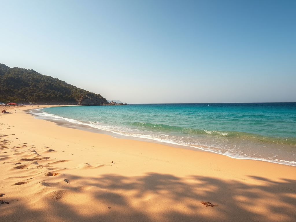 Bir plajın kumsalı, hafif dalgalarla birlikte masmavi su. Arkada yeşil ormanlar ve dağlar görünüyor.