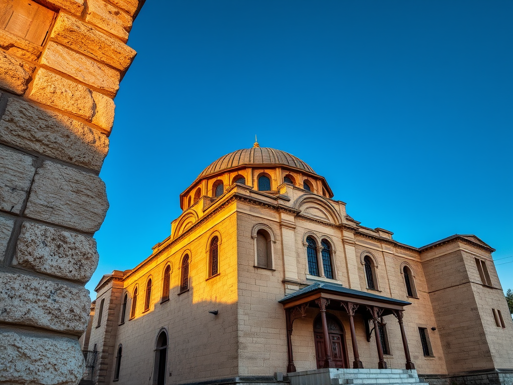 Tarihi bir kilisenin gündoğumundaki görüntüsü, zarif mimarisi ve detaylarıyla birlikte.