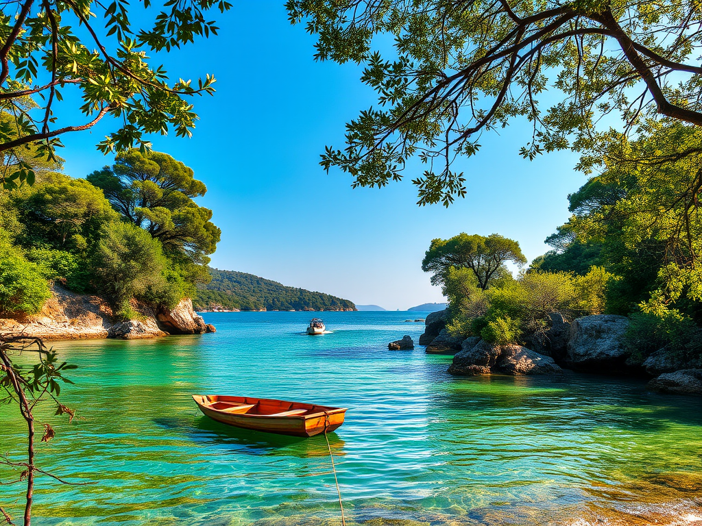 Sakin bir koyda yüzen küçük bir kayık ve çevresinde yemyeşil ağaçlar ve mavi su.