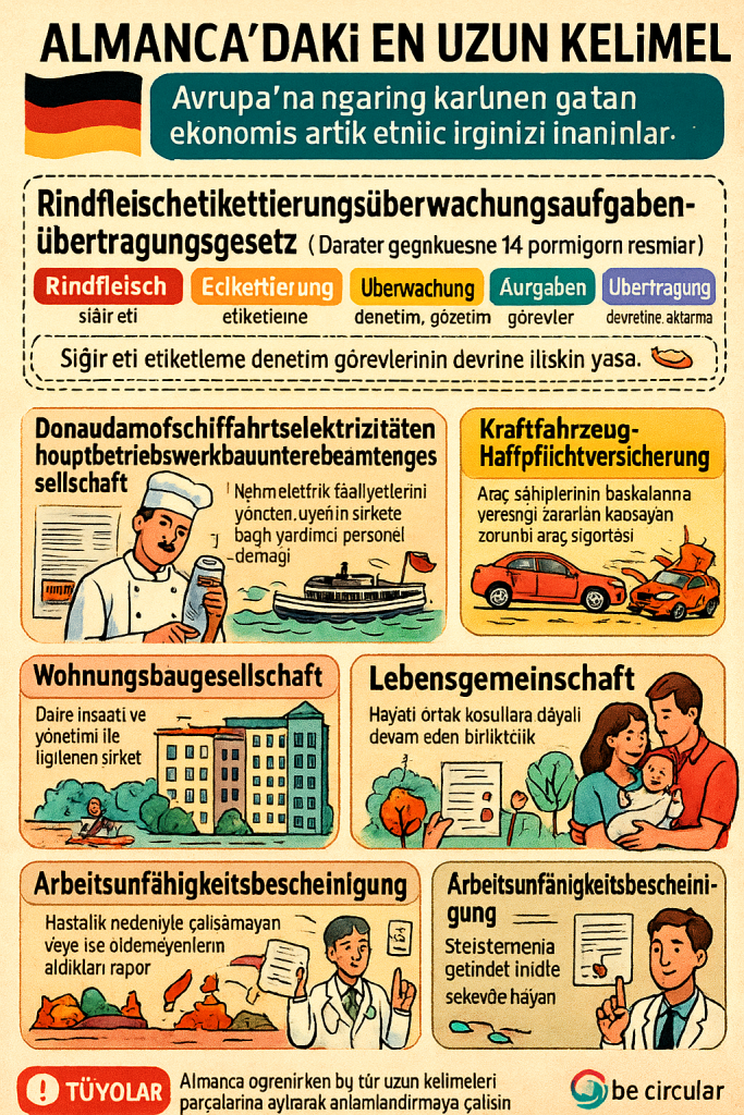 Almanca'daki en uzun kelimeleri ve bunların anlamlarını açıklayan bir infografik.