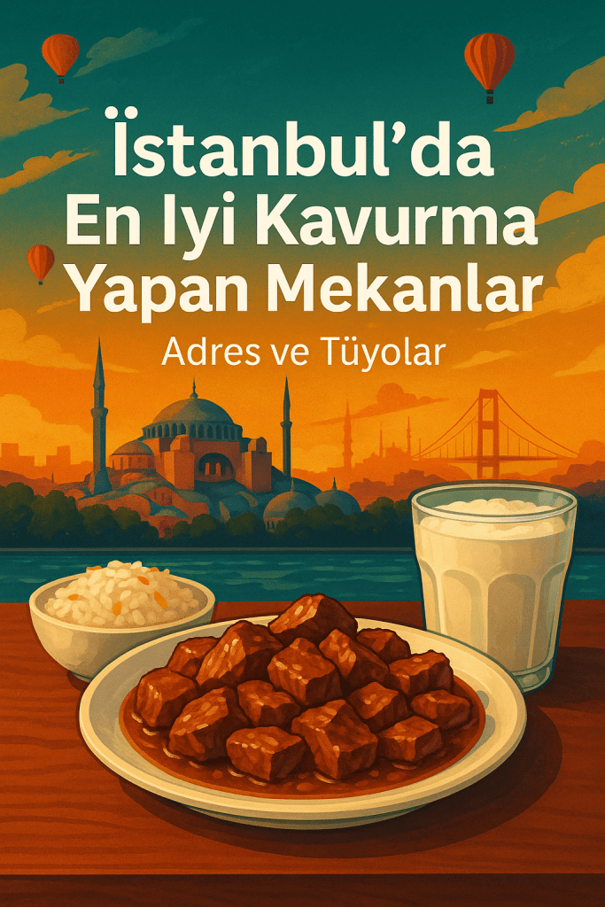 İstanbul'da kavurma, pilav, ayran ve bir manzara ile birlikte sunulmuş. Görselde sıcak bir renk paleti ve geleneksel motifler yer alıyor.
