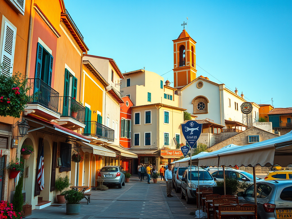 Bir sokak manzarasında, renkli taş binalar, balkonlar ve çiçek sarkan saksılarla dolu. Yürüyen insanlar ve park edilmiş araçlar yer alıyor. Güneşli bir gün.