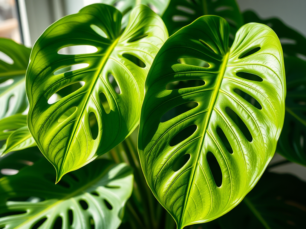 Büyük, delikli yapraklara sahip Monstera bitkisi, doğal bir ev dekorasyonu öğesi olarak dikkat çekiyor.