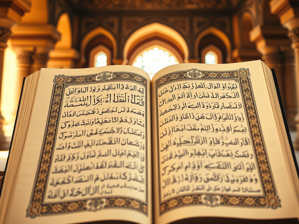 Açık bir Kur'an sayfası, Arapça yazılar ve dikkat çekici bir tasarım ile iç mekan ortamında.