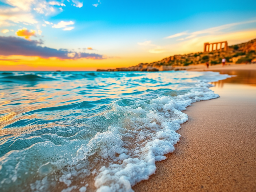 Güneşli bir akşamda, ince kumlu plajda dalgaların kıyıya vurduğu ve arka planda tarihi kalıntıların bulunduğu bir manzara.