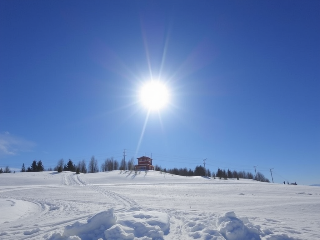 Karla kaplı bir alanda parlayan güneş ve mavi gökyüzü ile manzara.