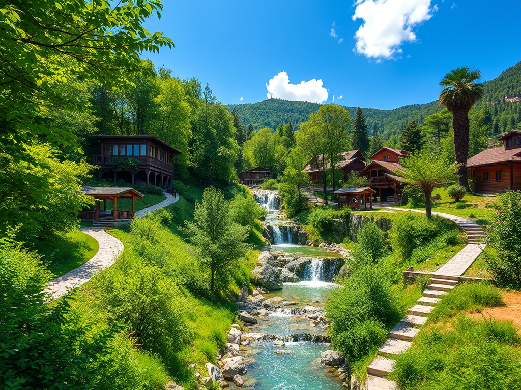 Yeşil ormanlarla çevrili, doğal su kenarında yer alan ahşap evlerin bulunduğu bir manzara.