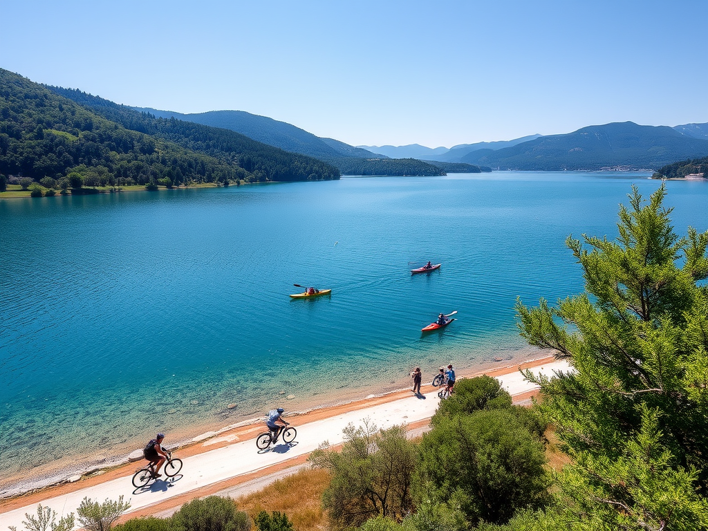 Sapanca Gölü'nde bisiklet süren ve kano yapan insanların yer aldığı güzel bir doğa manzarası.