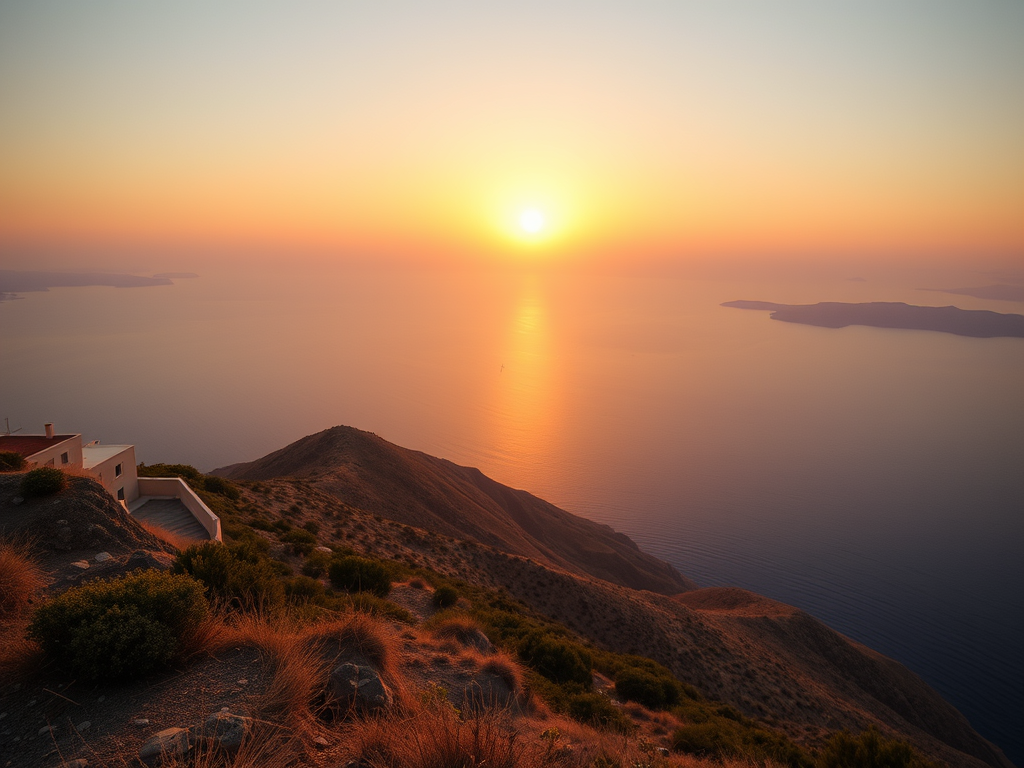 Gün batımının keyifli bir manzarası, deniz ve dağların birleşiminde muhteşem renk tonlarıyla göz alıcı bir görüntü.