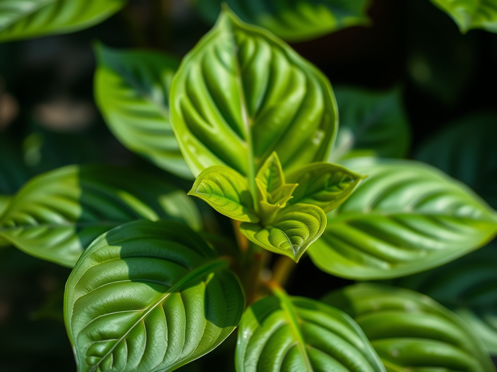 Close-up view of lush green Peace Lily leaves showcasing their smooth, glossy texture and prominent veins.