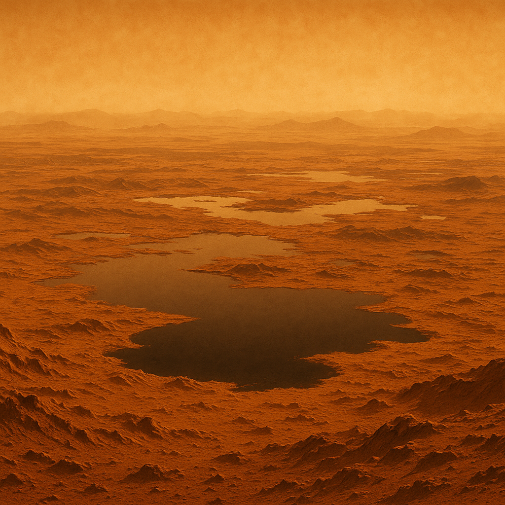 Titan yüzeyinin turuncu sisle kaplı manzarası, metan gölleri ve dağlık alanlarıyla dikkat çekiyor.