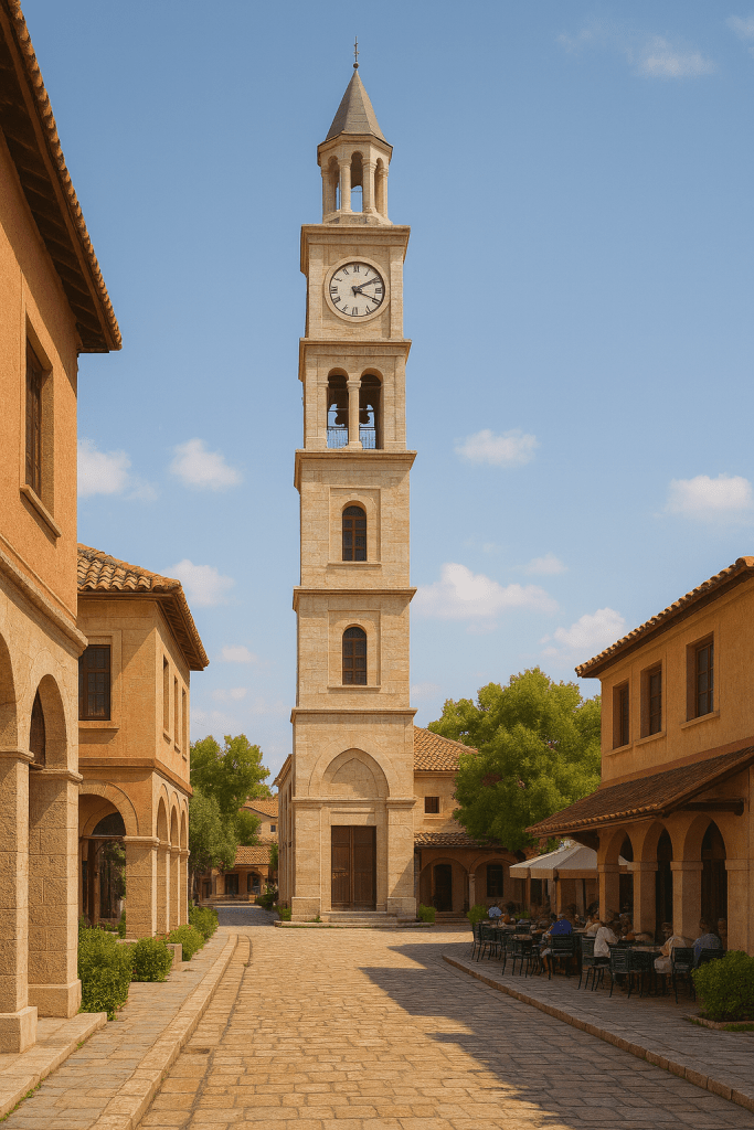 Gümülcine Saat Kulesi, Osmanlı mimarisi örneği, çevresinde taş döşeli sokaklar ve kafe masalarıyla şehrin merkezinde yer alıyor.