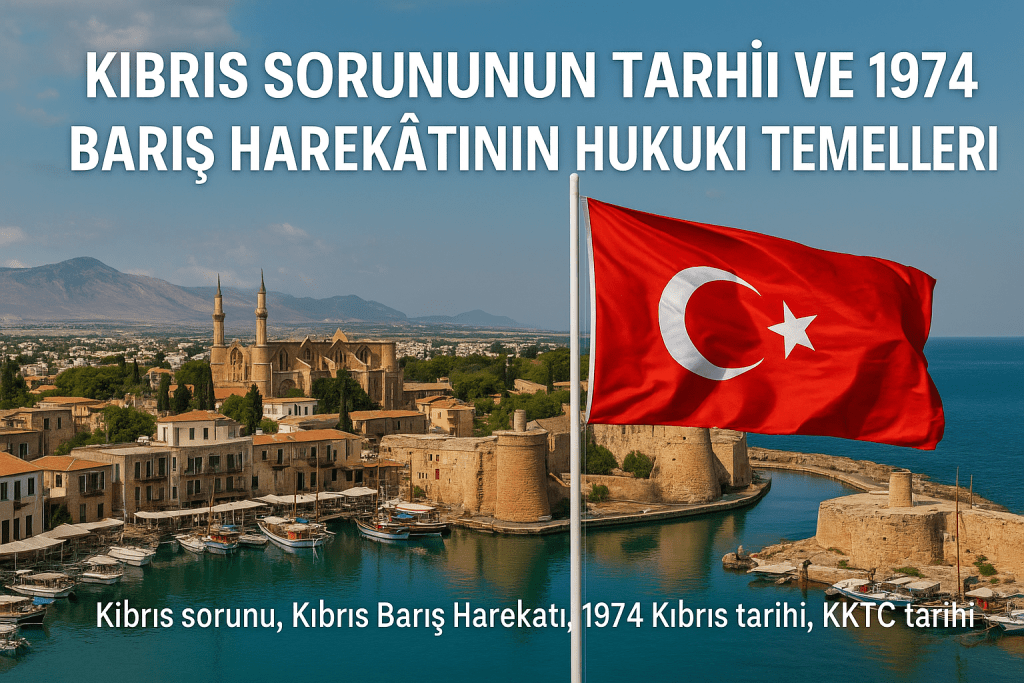 Kıbrıs'ı gösteren ve üzerinde Türkiye bayrağının bulunduğu tarihi bir şehir manzarası.