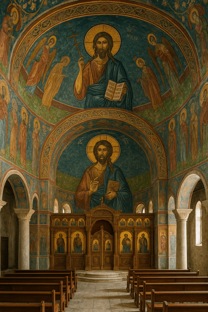 St. John Kilisesi'nin iç mekanına ait bir görüntü, duvarlardaki freskler ve ahşap sunağıyla birlikte görülmektedir. Kilise, tarihi yapısıyla dikkat çekmektedir.