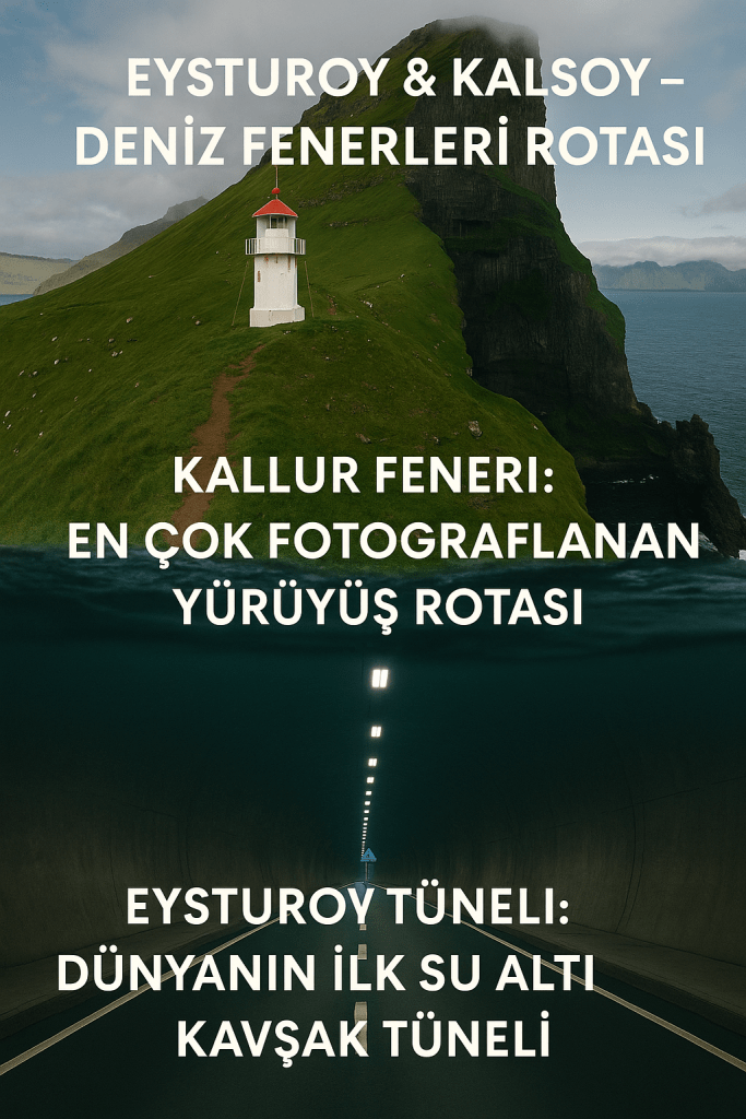 Kallur Feneri, Eysturoy ve Kalsoy adalarının deniz feneri rotasını tanıtan bir görüntü.