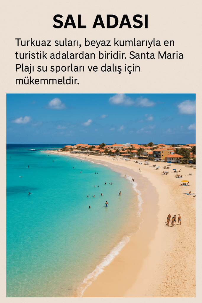 Turkuaz suların ve beyaz kumların olduğu Sal Adası'nın plajı, su sporları ve dalış için ideal bir mekan olarak görünüyor.