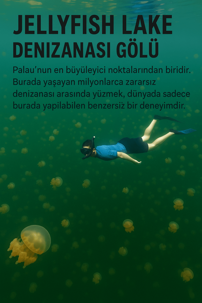 Bir kişi, Palau'daki Jellyfish Lake'te zararsız denizanaslarının arasında yüzüyor. Arka planda birçok denizanası görünmekte.