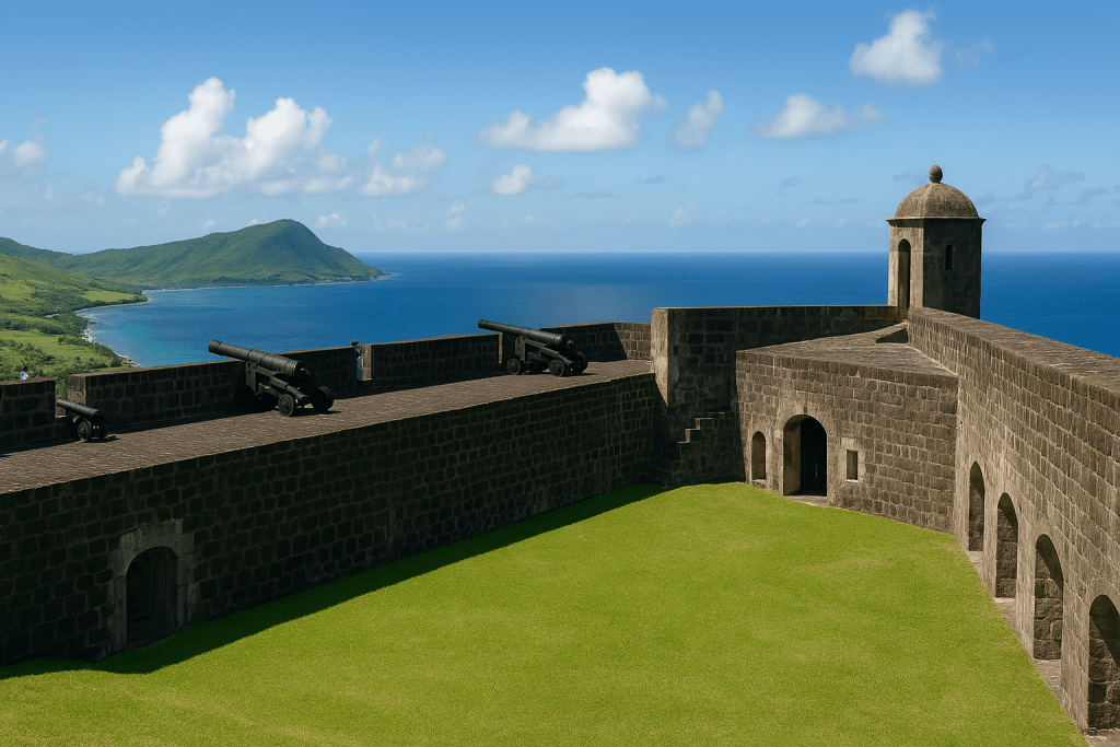 Brimstone Hill Fortress National Park içindeki tarihi kale, yeşil dağlar ve mavi okyanus manzarası ile çevrilidir.