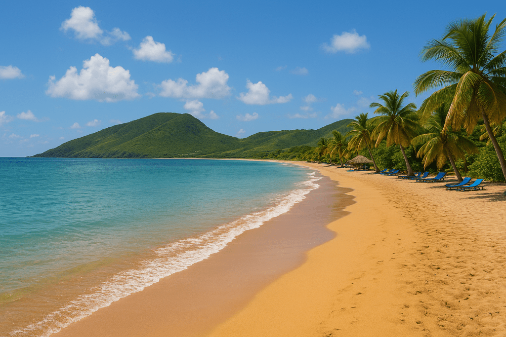 Saint Kitts ve Nevis'te yer alan altın renkli plaj, palmiyeler ve yeşil dağlarla çevrili huzurlu bir sahil manzarası.