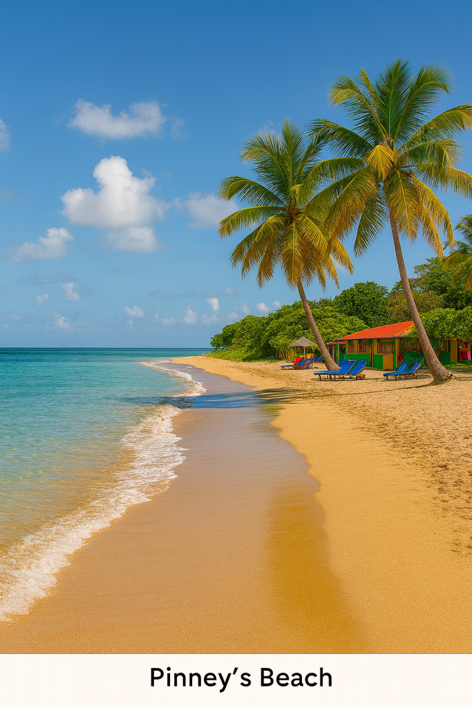 Pinney's Beach, sahil boyunca palmiye ağaçları ve güneş şemsiyeleri ile sakin bir ortam sunuyor. Berrak deniz ve altın rengi kumlar, tropikal bir cennet hissi veriyor.