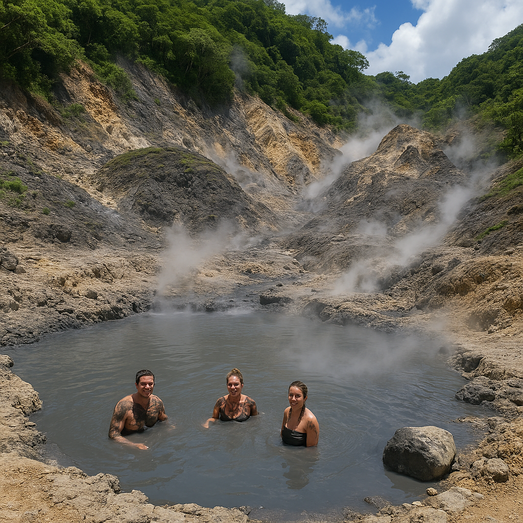 Üç kişi, Saint Lucia'daki Sulphur Springs'te çamur banyosu yaparken, etraflarında buhar yükselen volkanik bir manzara.