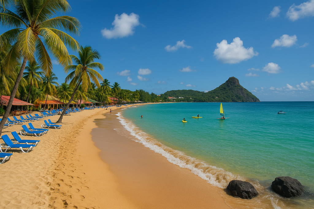 Saint Lucia'da altın renkli plaj, palmiyelerle çevrili ve arka planda volkanik bir dağ manzarasıyla sakin bir sahil görüntüsü.