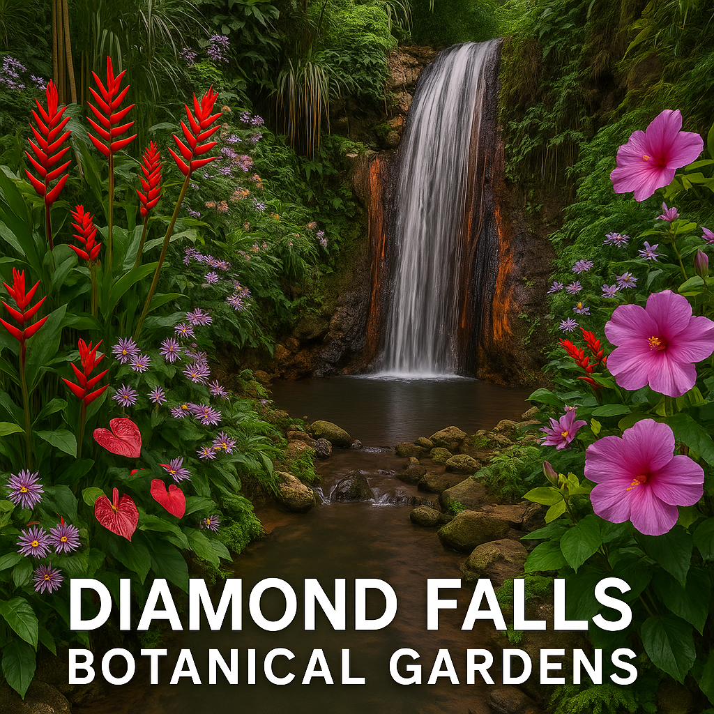 Diamond Falls Botanik Bahçesi'nde yer alan şelale, renkli tropikal çiçeklerle çevrilidir.