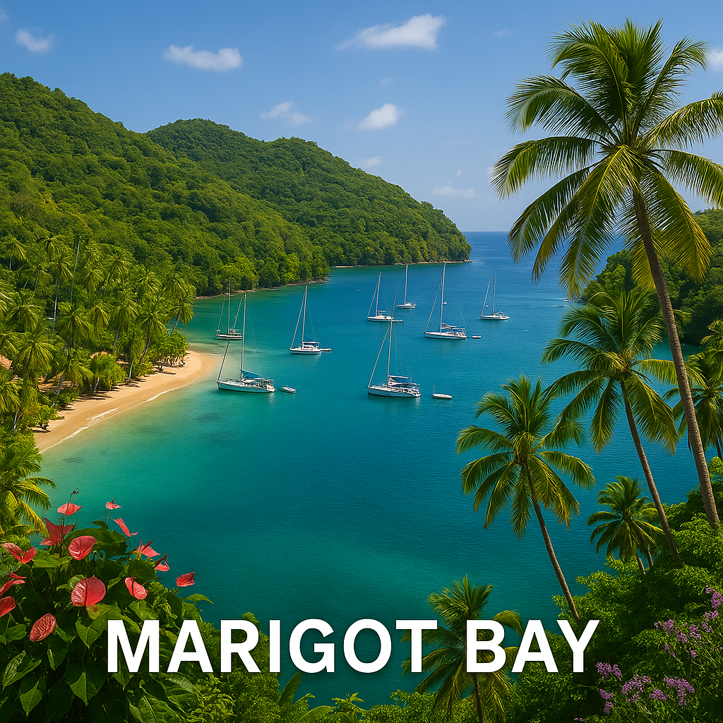 A scenic view of Marigot Bay in Saint Lucia, featuring lush green hills, sparkling turquoise water, and sailing boats anchored in the bay.