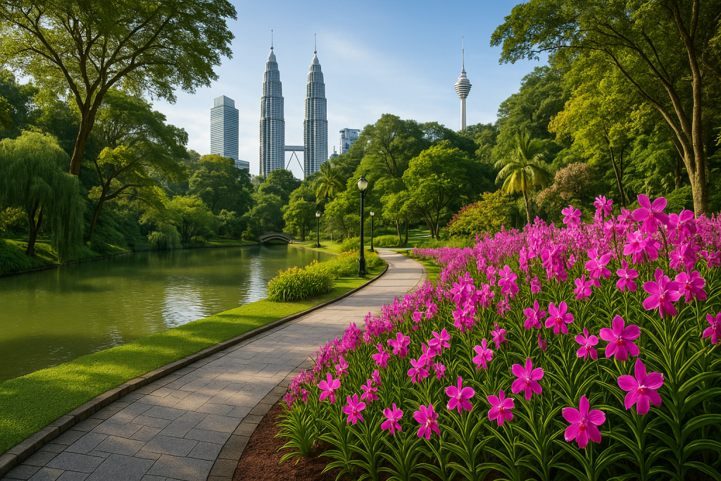Yeşil bir park alanında yürüyüş yolu boyunca açan pembe çiçekler ve arka planda Petronas İkiz Kuleleri ile Kuala Lumpur Tower görünmektedir.