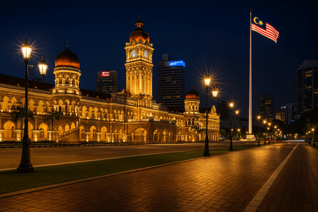 Gecenin karanlığında aydınlatılmış Sultan Abdul Samad Binası ve yanında büyük bir Malezya bayrağı, Kuala Lumpur'un Merdeka Meydanı'nda görkemli bir görüntü sunuyor.