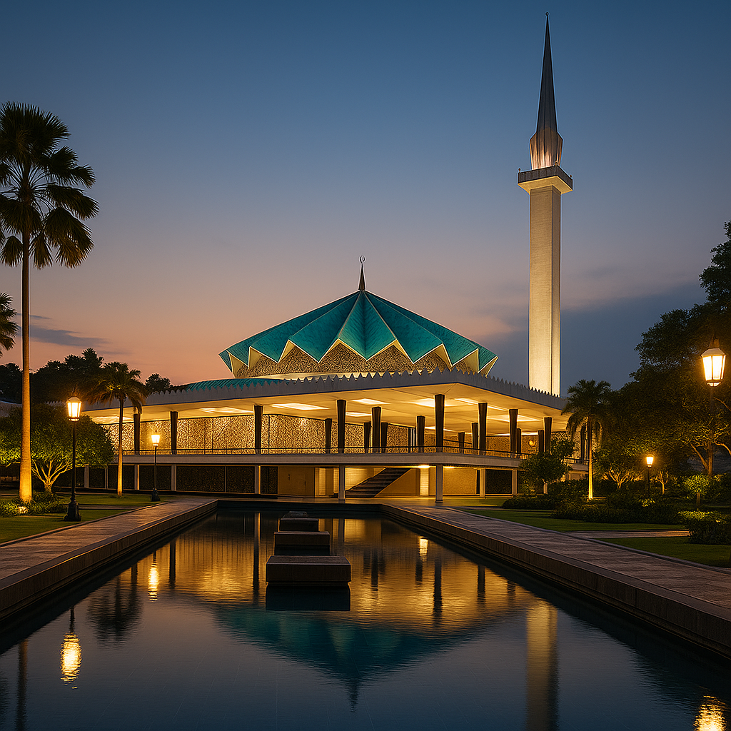 Gece ışıklandırmasıyla Masjid Negara, modern İslam mimarisinin zarif bir örneği, çevresindeki yemyeşil alan ve suyla yansımalarıyla görünmektedir.