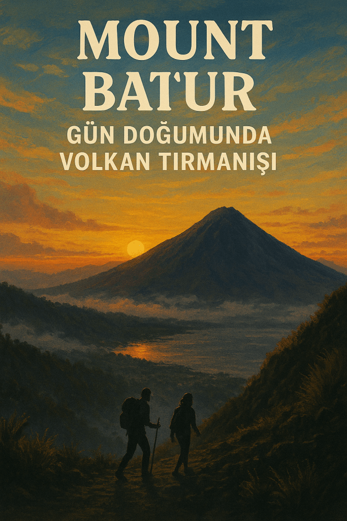 Gün doğumunda Mount Batur'ı tırmanan iki yürüyüşçü, arka planda volkan manzarası ile birlikte.