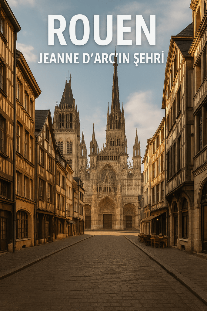 Rouen caddesinde yer alan tarihi binalar ve uzak planda bulunan Jeanne d'Arc Katedrali.