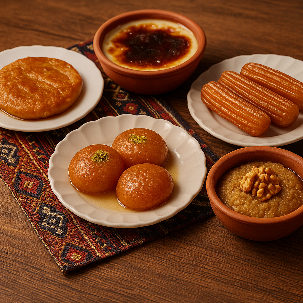 Geleneksel Türk tatlıları, baklava, kadayıf, lokma, ve cevizli helva, bir masa üzerinde sunulmaktadır. Farklı tabaklarda çeşitli tatlılar, renkli bir örtü üzerinde yer almaktadır.